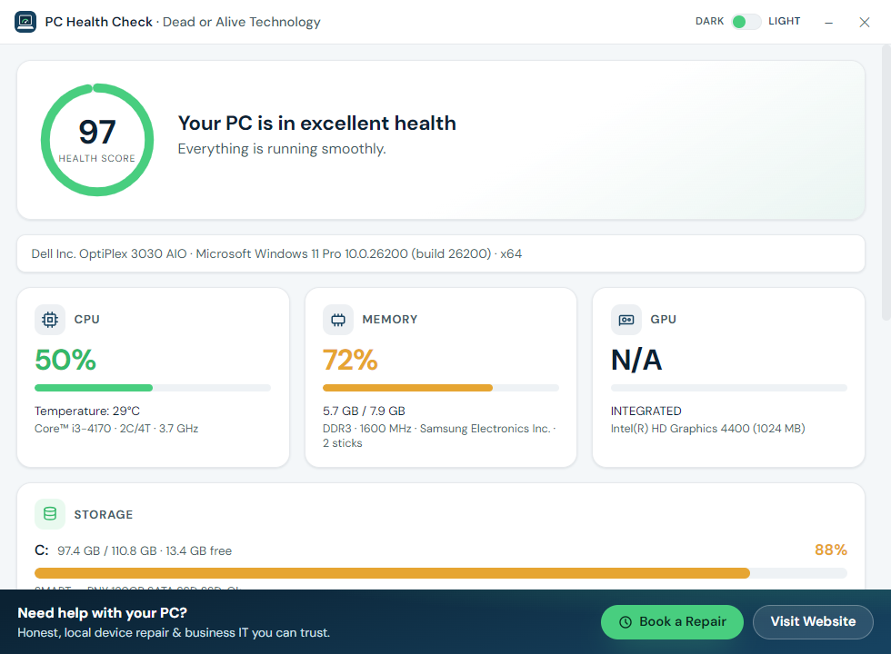 The Dead or Alive Technology PC Health Check app showing a device health score out of 100 with live CPU, memory and storage readings.
