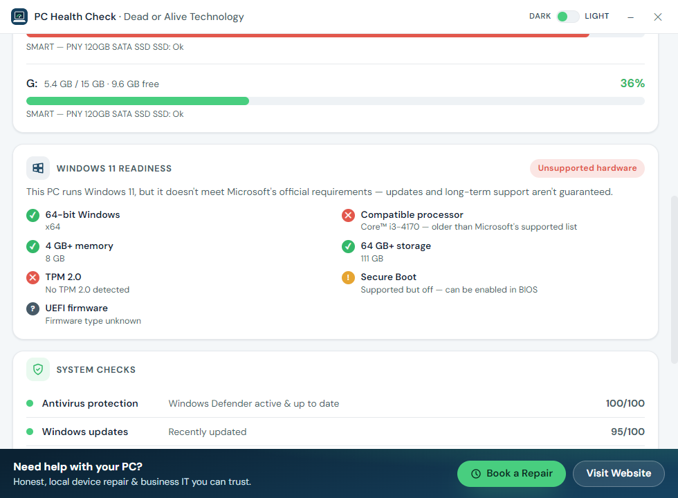 The PC Health Check app's Windows 11 readiness panel, showing a verdict and a checklist of Microsoft's requirements — TPM 2.0, Secure Boot, processor and more.