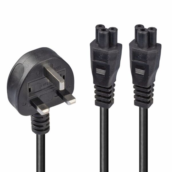 Lindy 30428 2.5m UK 3 Pin Plug To 2x IEC C5 (Clover) 3 Amp Mains Splitter Extension Cable - Black