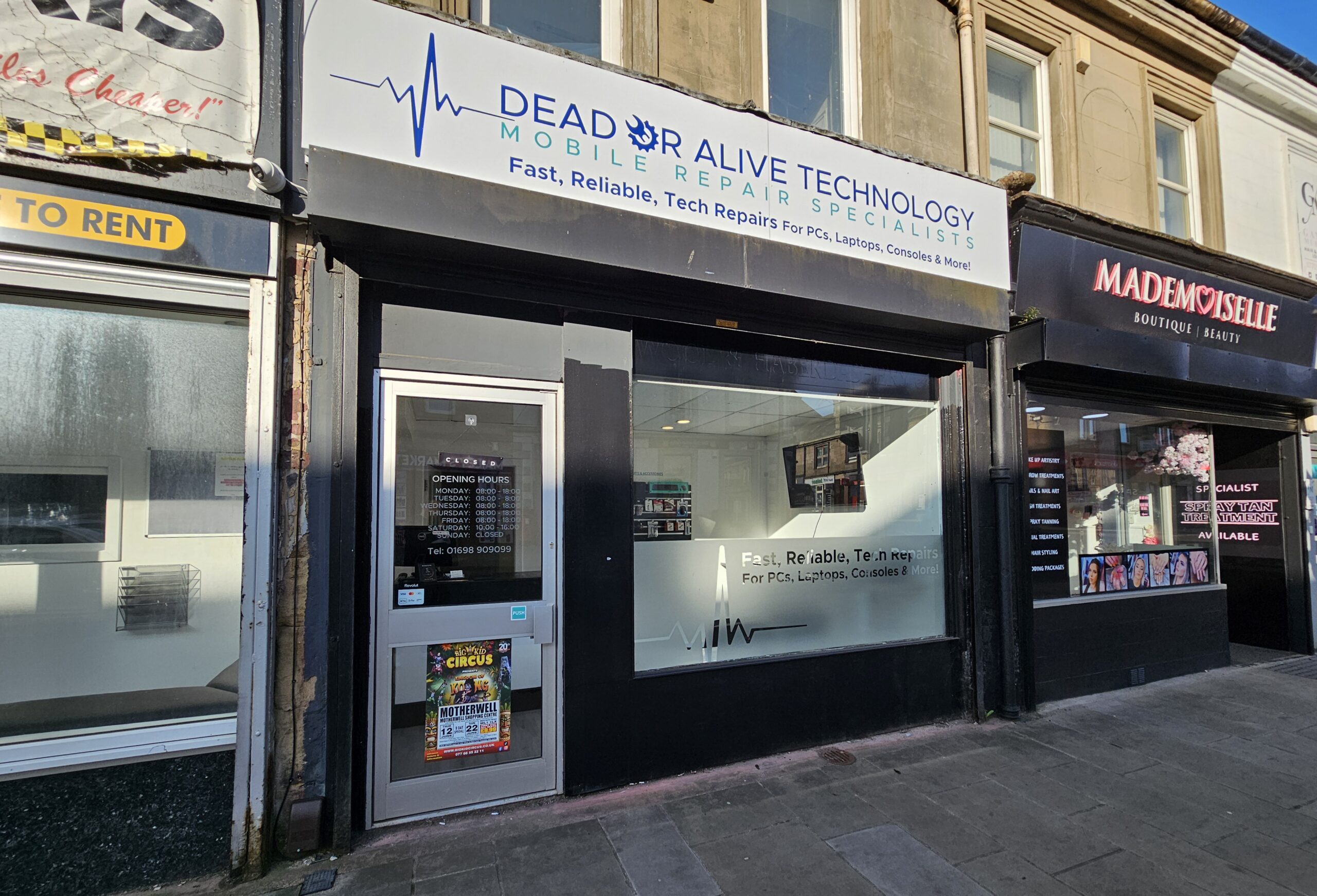 Dead or Alive Technology storefront in Wishaw, Scotland