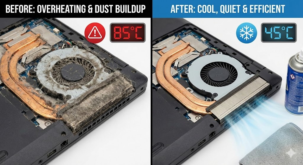 Dusty laptop fan compared to cleaned fan